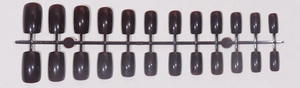 Glossy square long false nail tips in dark coffee brown finish on plastic rack