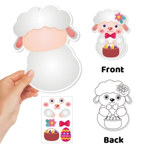 Kit stickers agneau de Pâques DIY montrant le recto et le verso pour décor de fête