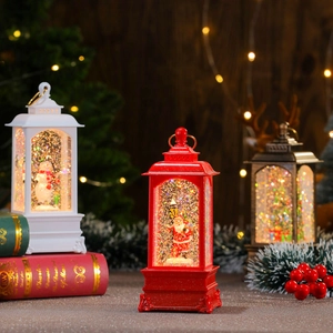 Luminous Christmas lanterns with music and rotating glitter featuring Santa and Snowman