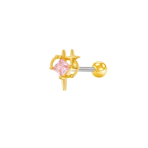 Detail of pink crystal cartilage earring with gold star element and threaded ball back