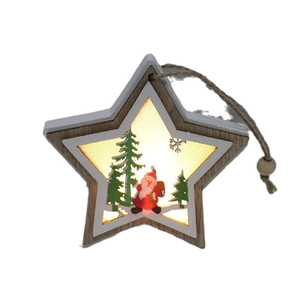 Star-shaped glowing wooden Christmas pendant with Santa Claus silhouette and LED light
