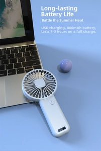 Detail view of light blue portable handheld fan with 800mAh battery and USB port