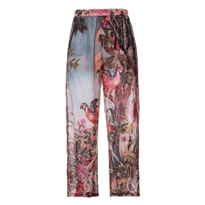Detail of high waist wide-leg sarong with vibrant tropical parrot and floral prints