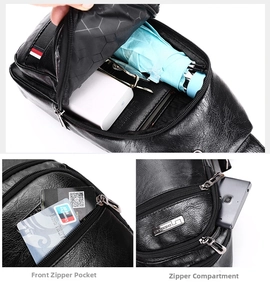 Detail of black lychee grain chest bag showing large capacity and multi-pocket layout
