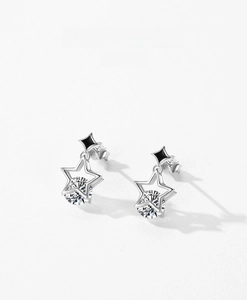 Macro detail of S925 sterling silver hollow star stud earrings with sparkling zirconia