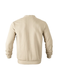 Detailed back view of men's cable-knit cardigan showing intricate beige knit texture