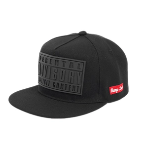 Detail of black snapback hat featuring 3D embossed Parental Advisory rubber patch