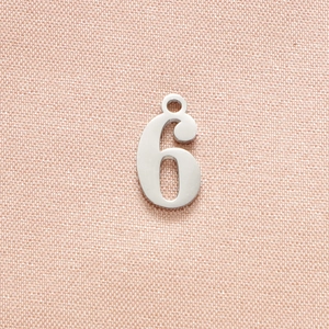 Polished silver stainless steel number 6 pendant charm on pink fabric background