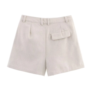 Detail of light beige linen-cotton shorts featuring a back flap pocket and natural texture