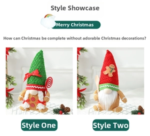 Detail of Christmas gnomes with knitted hats, gingerbread accents and candy cane props