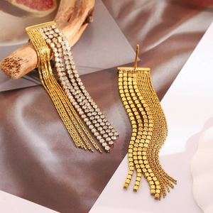 Geometric 18K gold plated stainless steel long tassel chain earrings with zircon accents