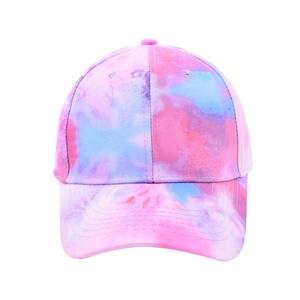 Fashionable tie-dye baseball cap with pink, blue and purple patterns on cotton canvas