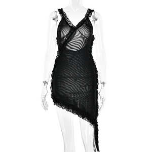 Sexy black V-neck mesh mini dress with ruffle details and irregular hem on mannequin