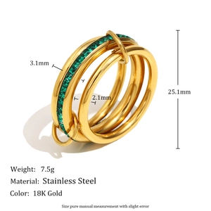 Three-layer 18K gold plated stainless steel ring set with green square zircon stone