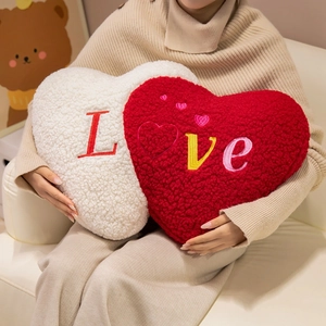 Love heart plush pillow with red and white teddy fleece embroidery for home decor