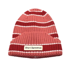 Detail of red and white striped knit beanie showing vertical ribbing and fabric logo label
