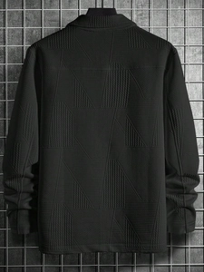 Detailed back view of black men's jacket featuring geometric embossed textures
