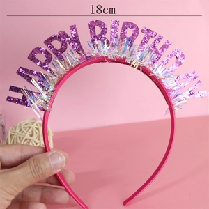 Pink Happy Birthday headband with purple glitter letters and silver tassels for parties