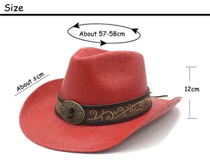 Size chart showing dimensions for red straw cowboy hat with ethnic embroidery band