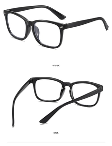 Detail view showing the 45-degree side profile and back of black square glasses frame