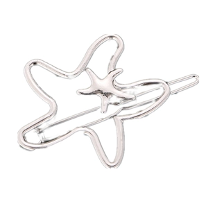 Silver hollow starfish hair clip with irregular metal frame on white background