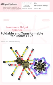 Macro shot of mechanical fidget spinner with transformable arms and luminous gears