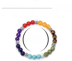 Macro shot of 8mm natural stone chakra beads with vintage silver spacer accents