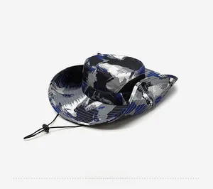 Detail of camouflage outdoor sun hat featuring breathable side mesh and adjustable chin strap