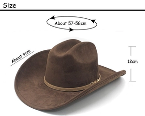 Detailed size chart of the brown faux suede cowboy hat with dimensions in centimeters