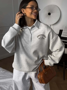 Women Polo Collar Sweatshirt Cotton Half Button Letter Print Loose Oversized Casual Long Sleeve Top