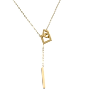 Minimalist gold Y-shaped titanium steel necklace with interlocking square rings and bar pendant