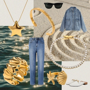 Golden starfish and heart rings with shell jewelry set on beach holiday background