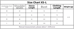 Detailed size chart for striped poplin shirt with shoulder pads covering XS to L sizes