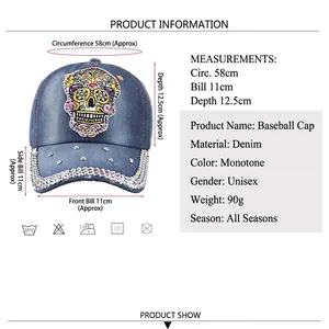 Casquette de baseball en jean avec motif crâne à paillettes et strass sur la visière