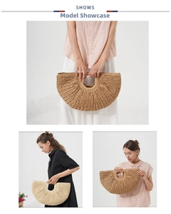 Detail of handmade woven straw tote bag showing crescent shape and wave texture