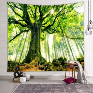 Detailed view of nature forest tapestry with mossy tree on a white brick wall