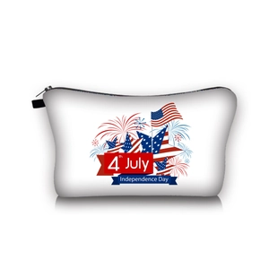 Detail of 4th July Independence Day pattern and black zipper on portable white cosmetic bag