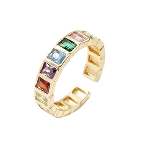 Gold adjustable open ring with colorful rectangular crystals in a rainbow pattern