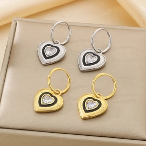 Vintage 18K gold plated heart earrings with black enamel and sparkling zircon