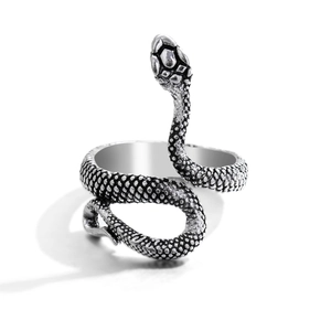 Vintage silver snake wrap open ring with detailed scale texture on white background
