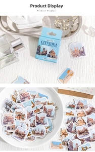 Detail of vintage city landmarks stickers featuring Big Ben and Colosseum in a creative set