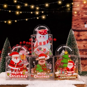 Christmas Clear PET Plastic Gift Boxes With Handle Cartoon Santa Reindeer Snowman Pattern For Holiday Apple Candy Packaging