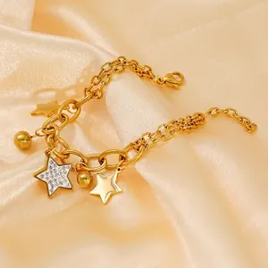 Double-layer 18k gold stainless steel bracelet featuring star charms and sparkling rhinestones