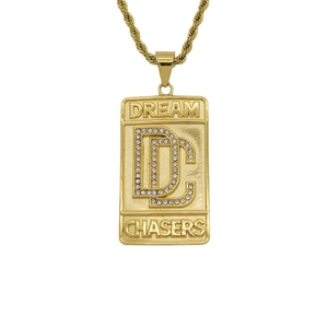 Hip hop gold plated stainless steel military tag necklace with rhinestone DC Dream Chasers