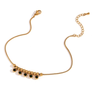 18K gold plated stainless steel box chain anklet with gold beads and black pendants