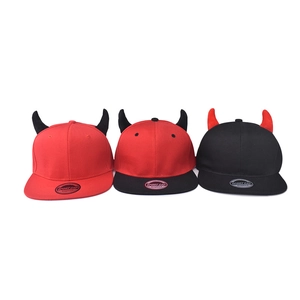 Hip hop snapback hat featuring devil horns, flat brim street style in red and black