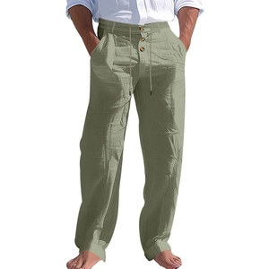 Men's breathable cotton linen pants with drawstring waist and straight leg in sage green