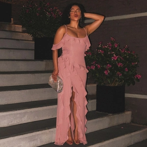 Pink off-shoulder evening gown with ruffled neckline and side slit detail