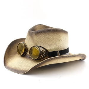Steampunk straw cowboy hat with vintage goggles and distressed finish for outdoors
