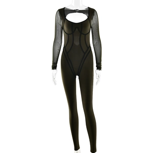 Army green long sleeve bodysuit with mesh sleeves and cut-out detail on white background